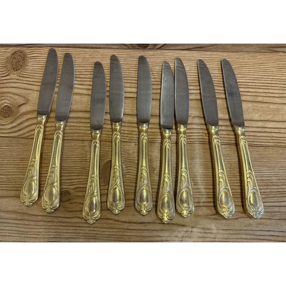 Set Of 9 Solingen Rostfrei SBS Germany Gold Handles Accented Knives Knife